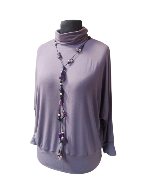 Dzianinowa bluzka z długim rękawem KIMONO i golfem - mocca